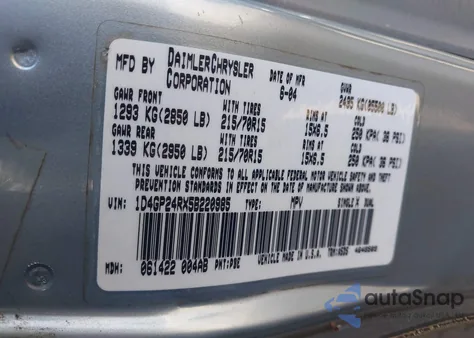 2005 Dodge Grand Caravan Se z USA, uszkodzony, nr VIN 1D4GP24RX5B220985